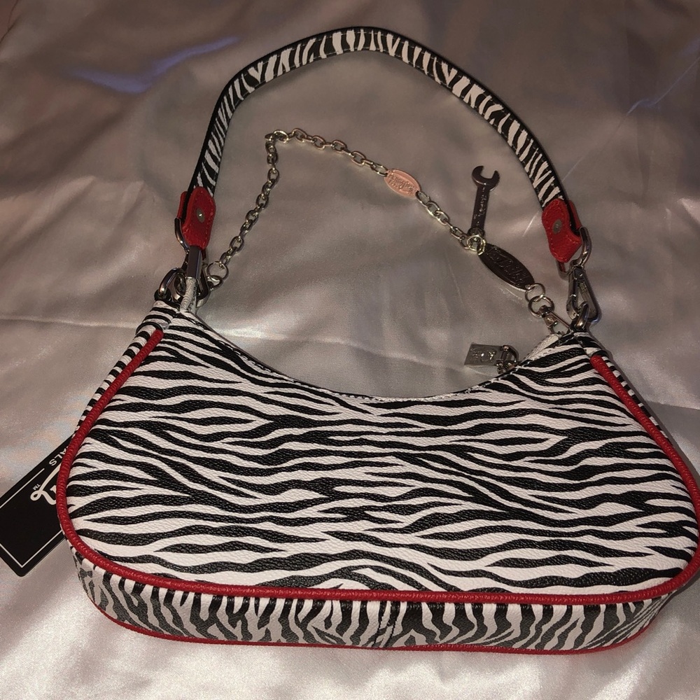 Von Dutch Zebra Print Shoulder Bag Red Trim & Logo Silver Chain + Wrench NWT - Picture 10 of 16